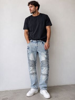 Parish Mens 36 Light Wash Biker Jeans Ribbed Panel Straight Leg Denim